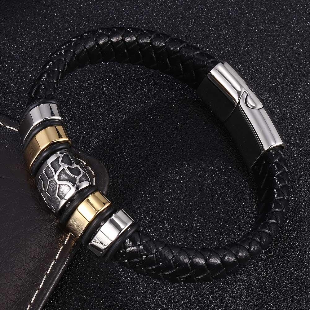 New Black Braid Leather Bracelets Mens Punk Boys Unique Zinc Alloy Metal Weave Knit Bracelet Gifts