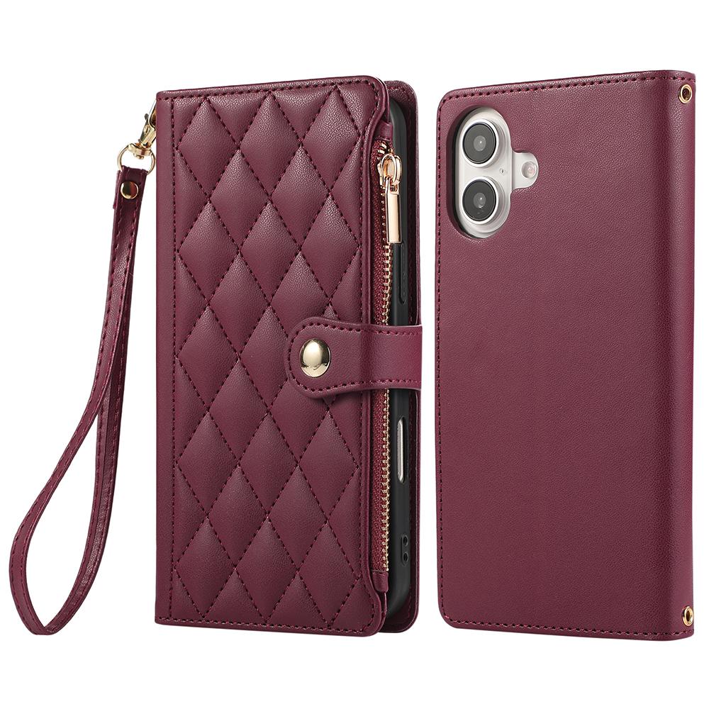 For iPhone 16 Case Multi Card Slots Zipper Rhombus Leather Phone Cover with Wrist Strap