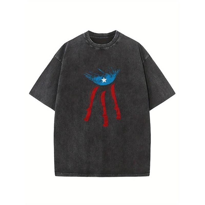 Water-Washed, Puerto Rican Blue Sky Print Men'S T-Shirt, High-Quality Vintage Fashion T-Shirt,Summer Wear,Comfortable, Loose-Fitting