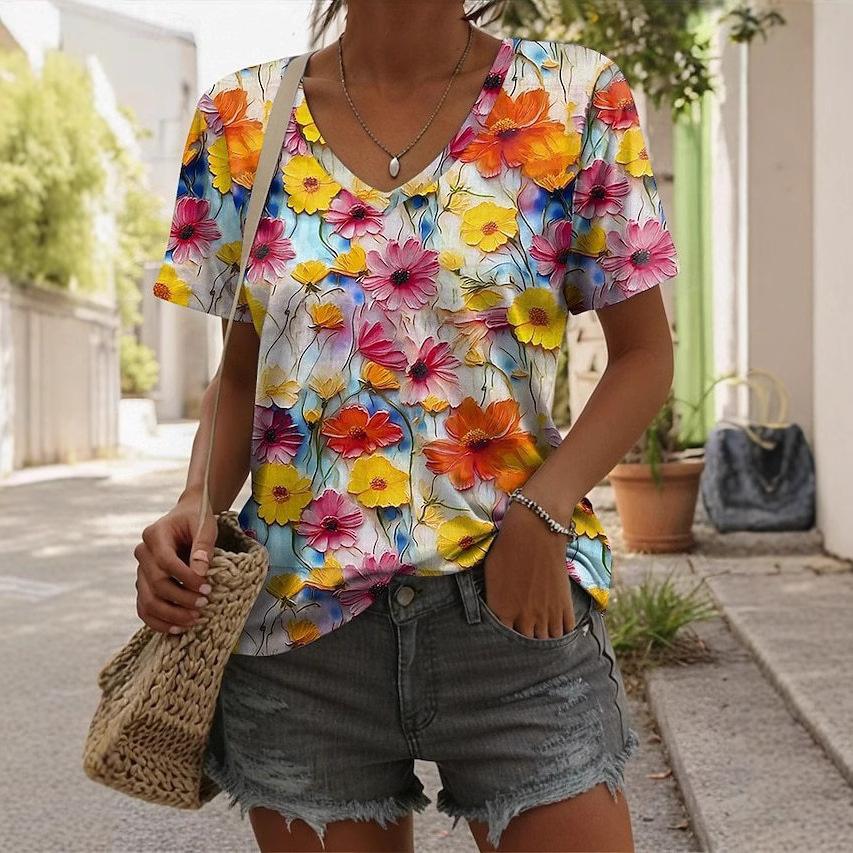 Summer New 3D Printed V-neck Women's Loose Casual Short Sleeved T-shirt