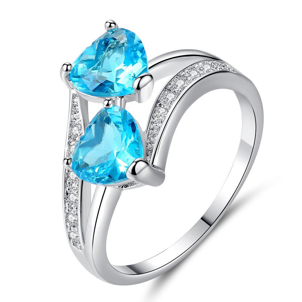 LUXY MOON Fashion Women Blue Zircon Double Heart Love Rings Wedding Decor Double Heart Zircon Ring