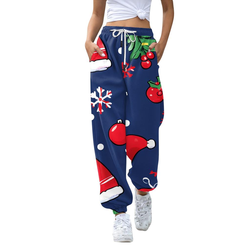 Women's High Waisted Sweatpants Christmas Print With Pockets Drawstring Trousers