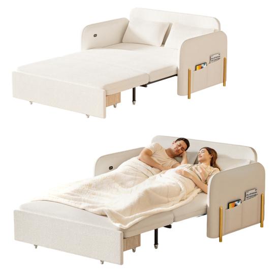 Divano Letto Convertibile 3 in 1, Divanetto Sleeper in Bouclé con Letto Estraibile e Cassetto, Divano Letto con Tasche Laterali, 2 Cuscini, Porte USB e Dorato