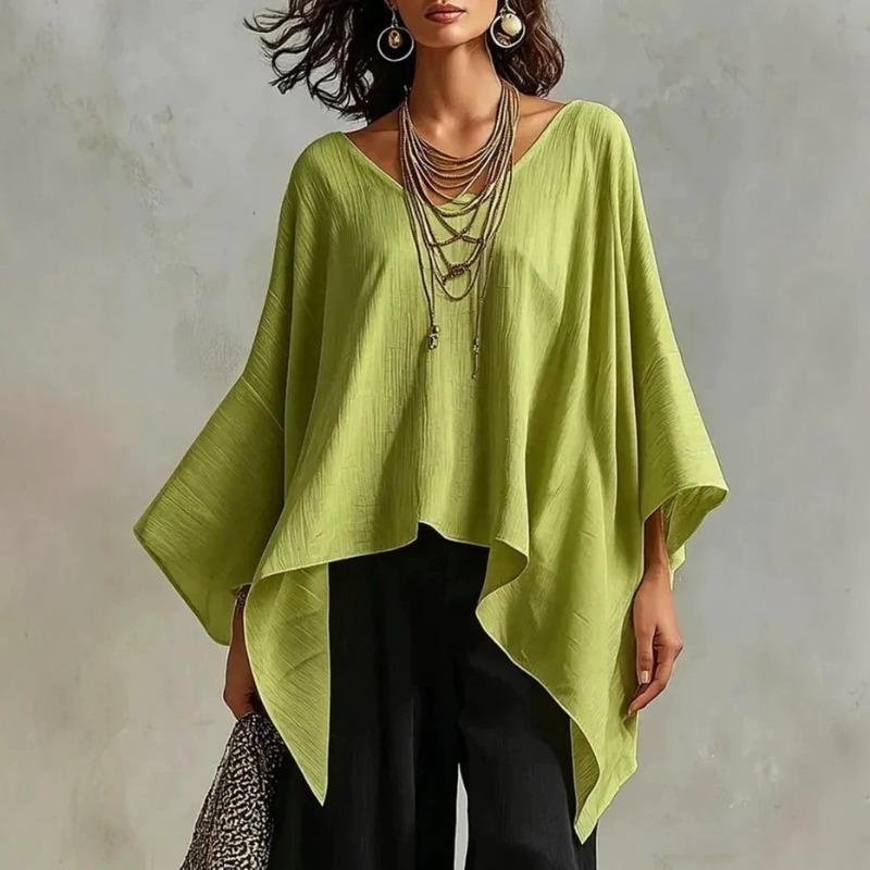 Women Loose V Neck Batwing Sleeve Casual Vacation Top