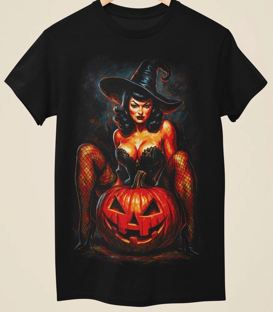Horror Sexy Witch Tee Unique Halloween Unisex Black Printed TShirt (Ho007) S