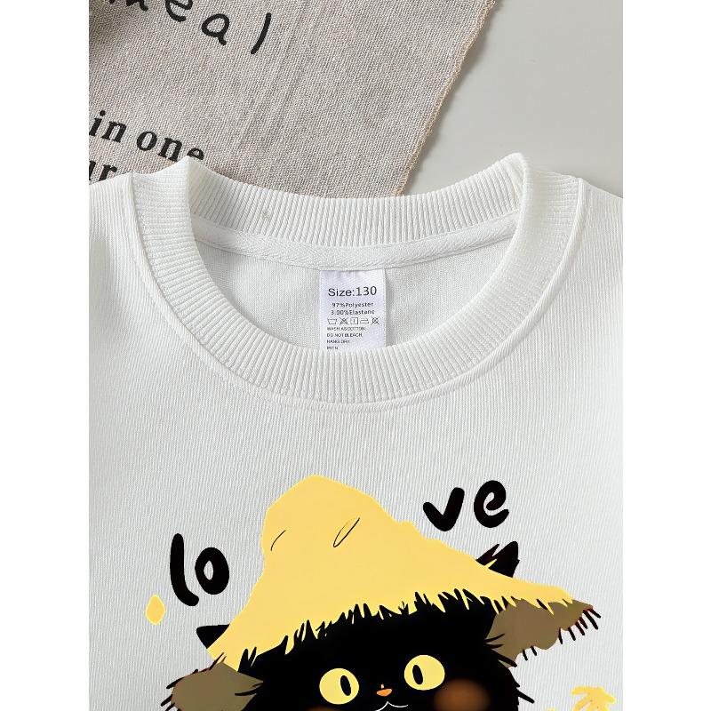 European sizes Girls' Soft Crewneck Sweatshirt, Cute Black Cat with Straw Hat Love Print, Casual All-Match, Ideal Holiday Present