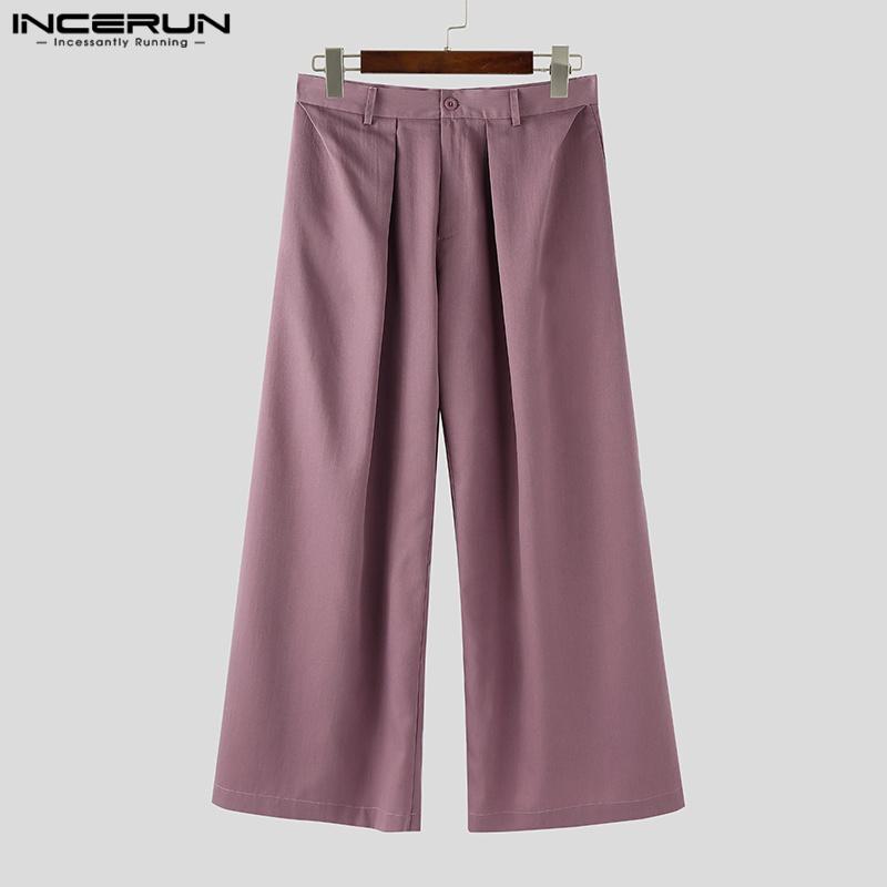 INCERUN Men Zip-up High Waist Pleating Casual Long Wide Legs Pants Trousers