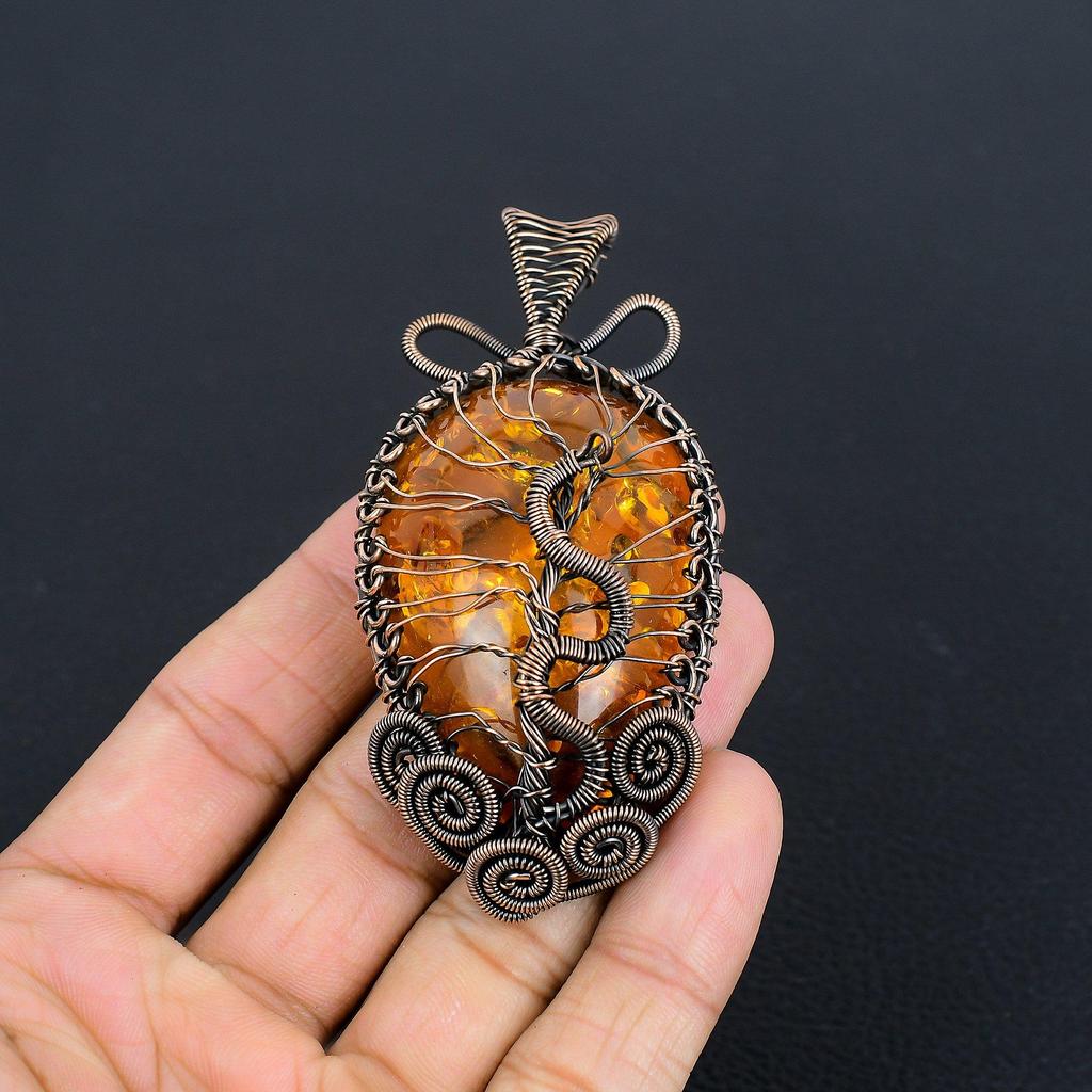 Bernsteinanhänger aus dem Baltikum, mit 999er Kupferdraht umwickeltes Edelsteinschmuckstück, handgefertigter Anhänger für den Muttertag