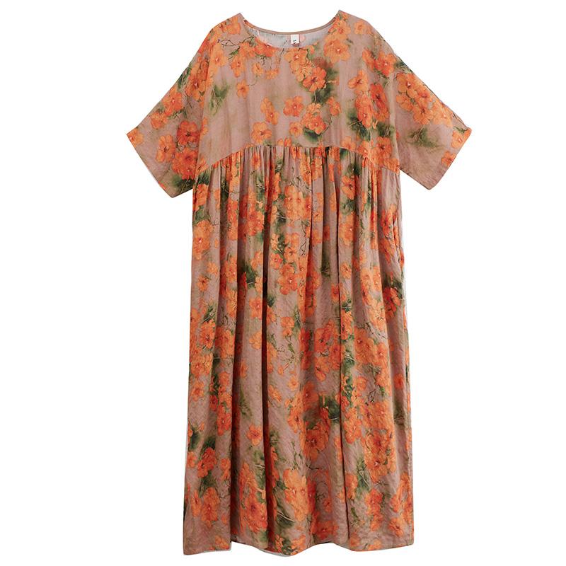 DIMANAF 2024 Plus Size Dress New Summer Basic Loose Women O-Neck Vintage Short Sleeve Big Size Beach Long Dress