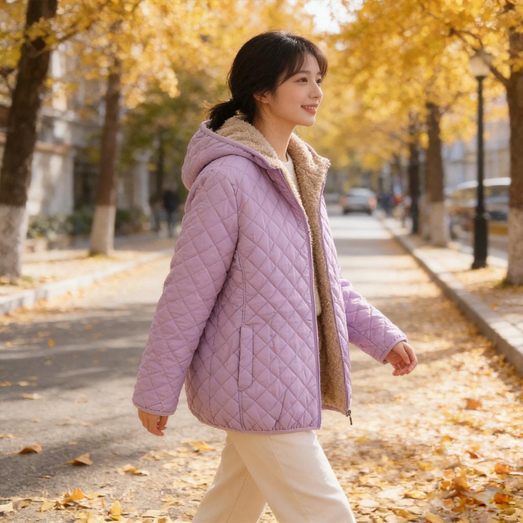 Fashion Solid Color Top Slim Coat Lamb Wool Hooded Close Thick Warm Cotton-padded Jacket Women's Plus-size Casual