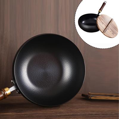 Demir Wok ,Ahşap Kapaklı Tava ,Eşit Dağılım, Gazlı Ocaklar için Yapışmaz Tencere Tava