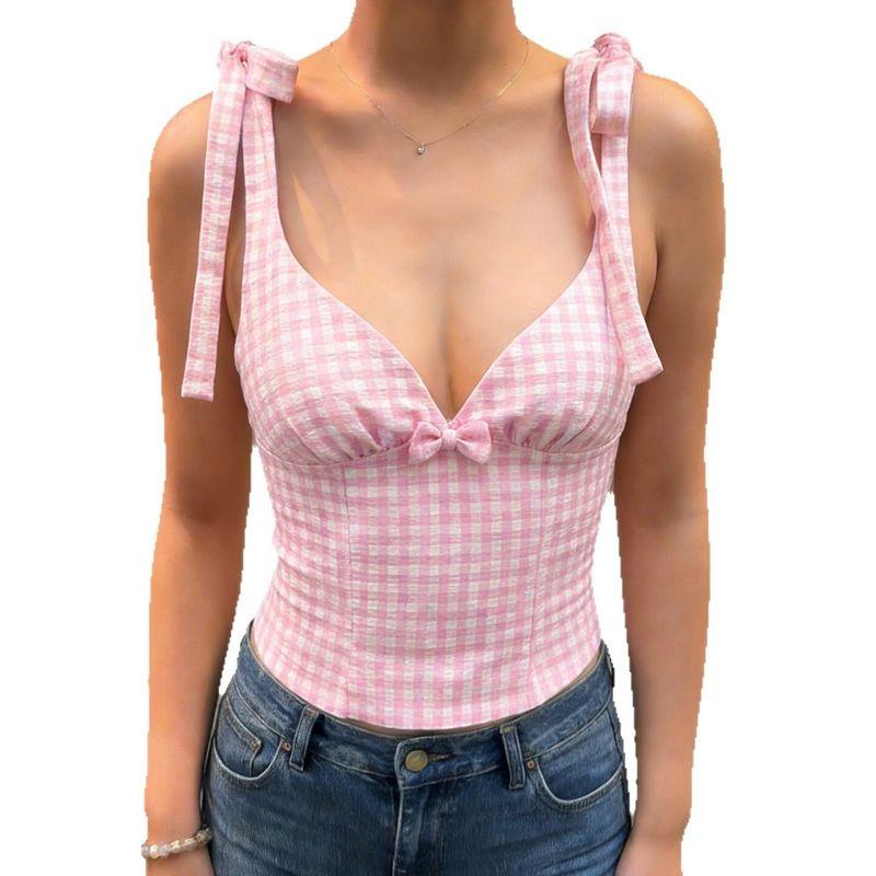 Fresh and Sweet Style Plaid Waist-Cinching Camisole, New Spring Dopamine Deep V-Neck Design Tie-Up Tank Top