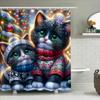 Christmas-Themed Shower Curtain Featuring Two Cute Cats Wearing Cozy Sweaters In A Snowy Winter Wonderland With Colorful Lights