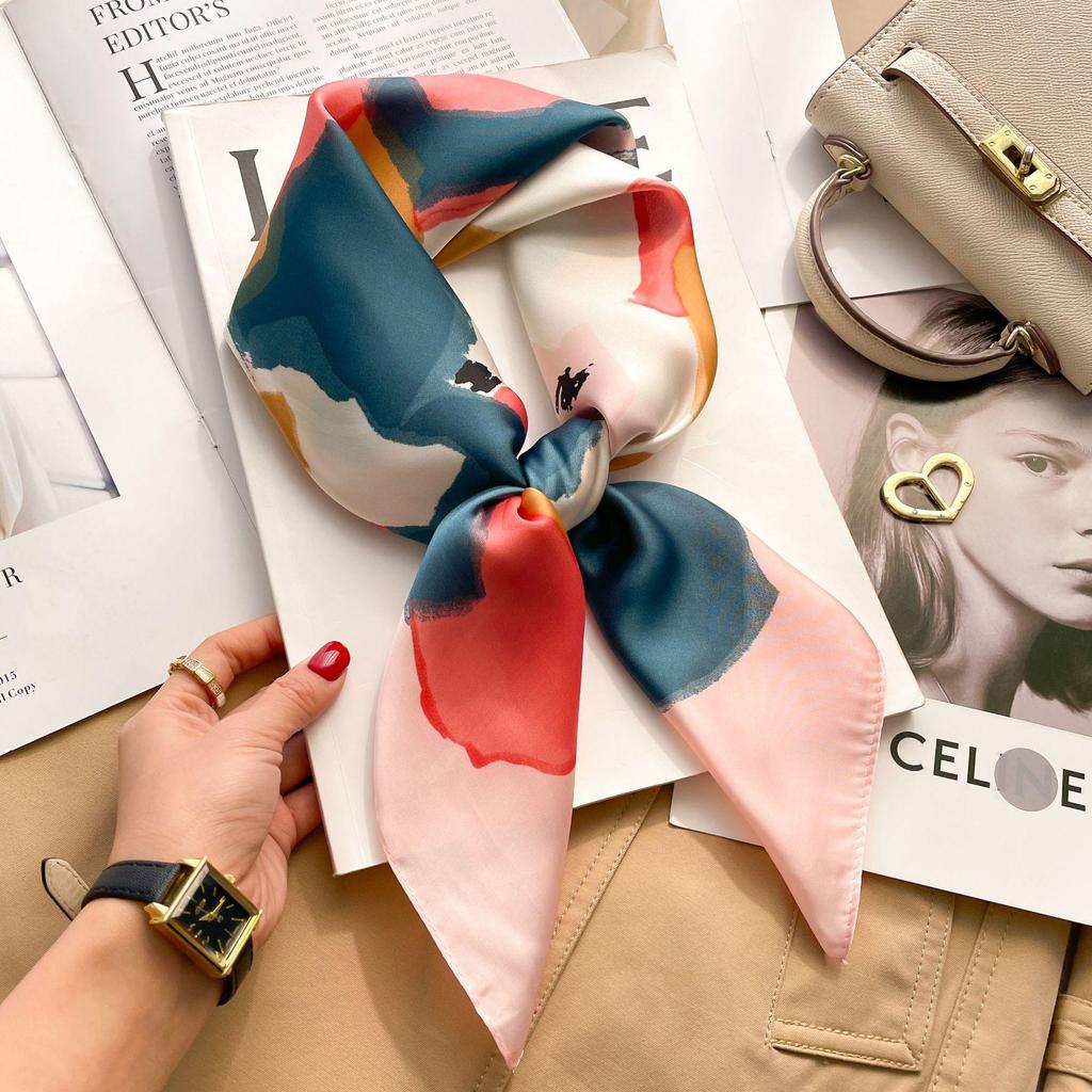 70cm Autumn Retro 3D Print Silk Scarf - Women's New Professional Square Imitation Ribbon