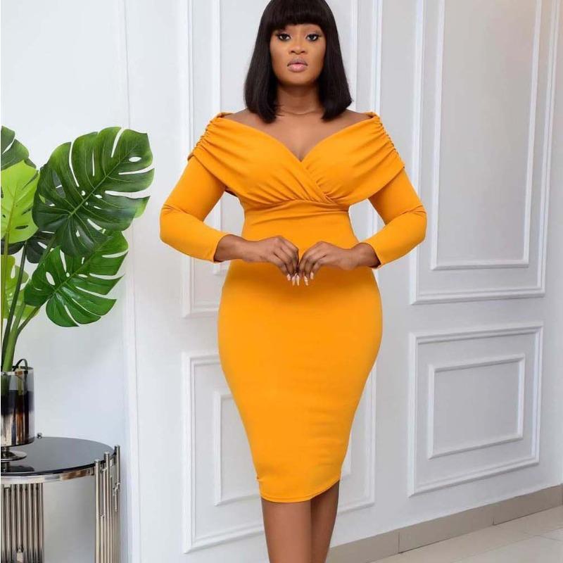 C Autumn New Women's Clothing Large Size V-neck Pleated Long-sleeved Dress