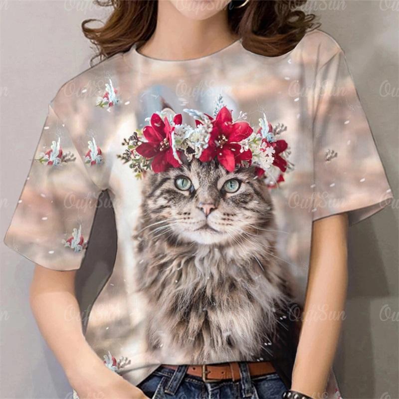 Women s Fashion Cute Cat Printed T-shirt 2XS