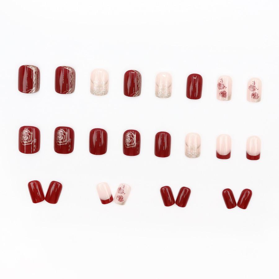24 Bucăți Pătrat Nou Tip A Toamnă și Iarnă Roșu Bogat Trandafir Strălucitor Retro Atmosferă High-End 24 Bucăți Unghii False