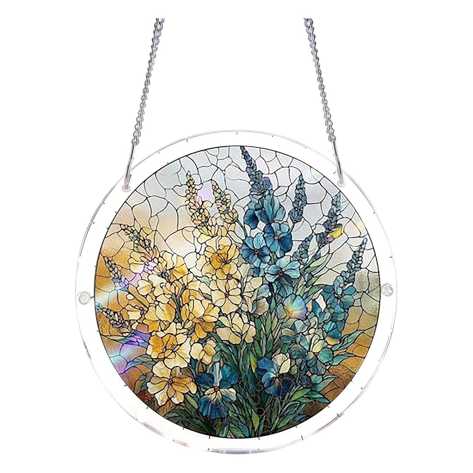 

Round Acrylic Floral Suncatcher Window Hanging Ornament with Chain 10 Inch Diameter Stained Glass Style Garden Decoration One Size