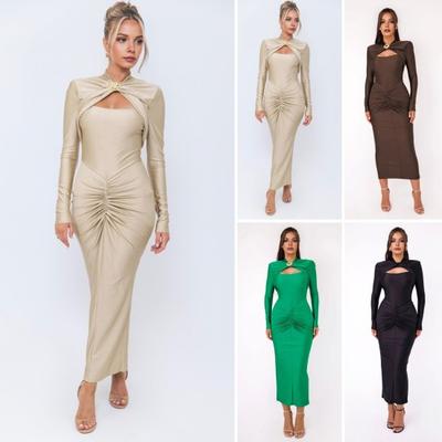 Women Evening Dress Hollow Out Bodycon Metal Buckle Ruched Elastic Pure Color