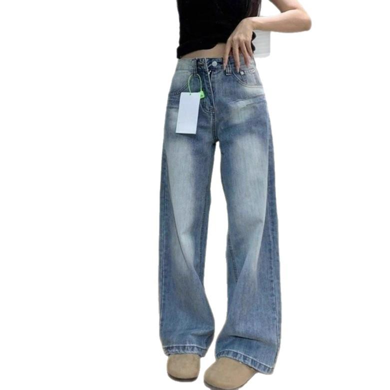 Design Sense Blue Straight Jeans Women's Year Washed Loose Large Size High-waist Skinny Drapey Sense Wide-legged Long Trousers Long Denim Pants