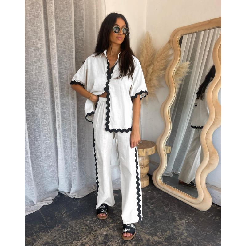 

VEZFAA Женская мода повседневная летняя весенняя кружевная печать с коротким рукавом воротник поло брюки брюки костюмы XL белый