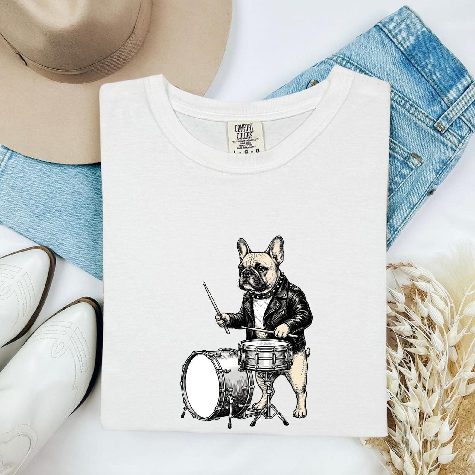 Frenchie Drummer Shirt Dog Instruments Gift Women Sketch Tee Drummer T-Shirt Dog Fan Drawing Graphic Music Tshirt Retro Drum Kit Tshirt 2XL