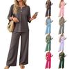 Women's Casual Two-Piece Outfit Set Color 3/4 Sleeve Button Front Top with Wide Leg Pants for Everyday Wear