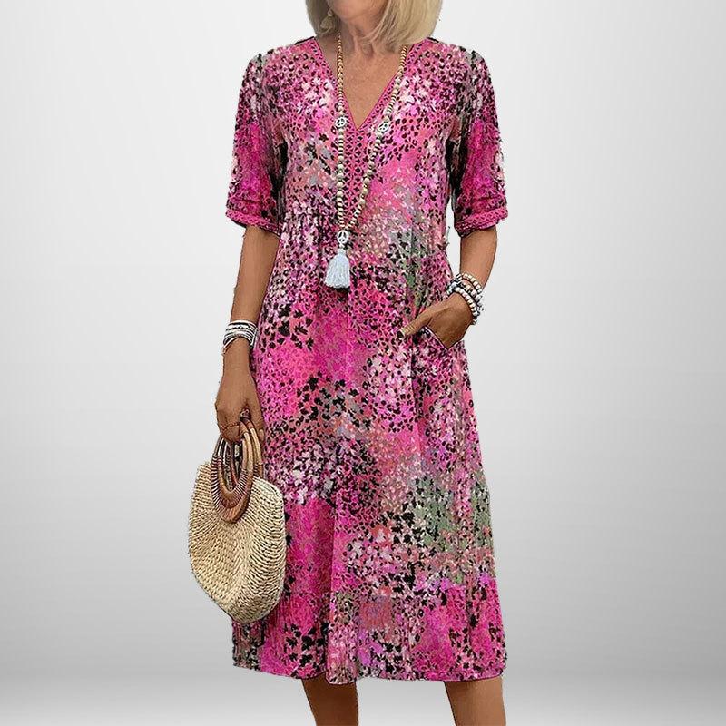 New Summer Women's Clothing Elegant and Fashionable Printed V-neck Short-sleeved Dress