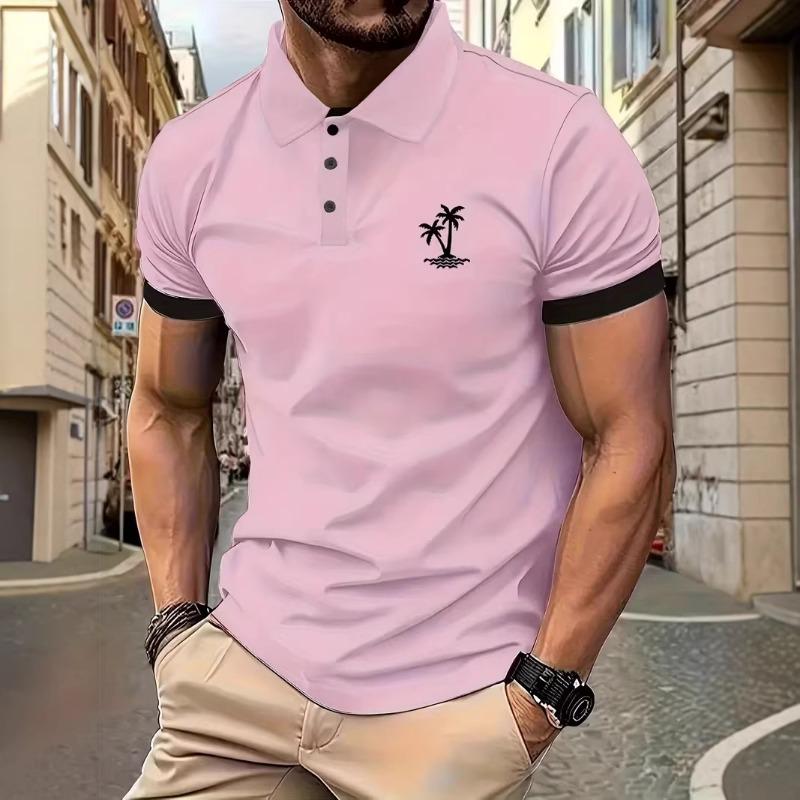 

Men s Navy Short Sleeve Polo Shirt Casual Palm Tree Print Contrast Trim Top S розовый