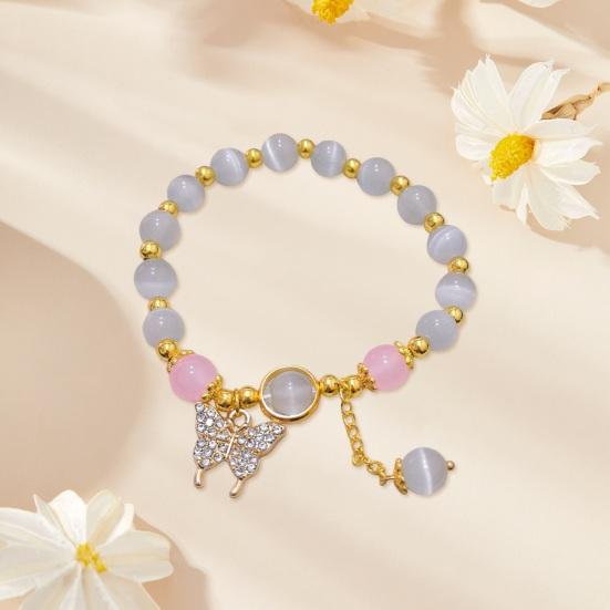 Women Bracelet with Elastic Cord Butterfly Pendant Tassel Faux Opal Contrast Color Good Fortune Symbolization Bestie Birthday Gift Wrist Jewelry