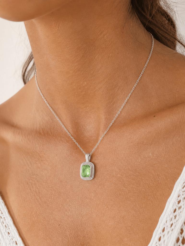 POWELL Sparkling Faceted Gemstone Gold Tone Necklace for Women Cushion Pendant Tarnish Resistant Hypoallergenic Jewelry