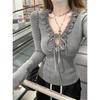 Spring Korean Cashmere V-Neck Ruffle Trim Tie-Up Long-Sleeve Women's T-Shirt