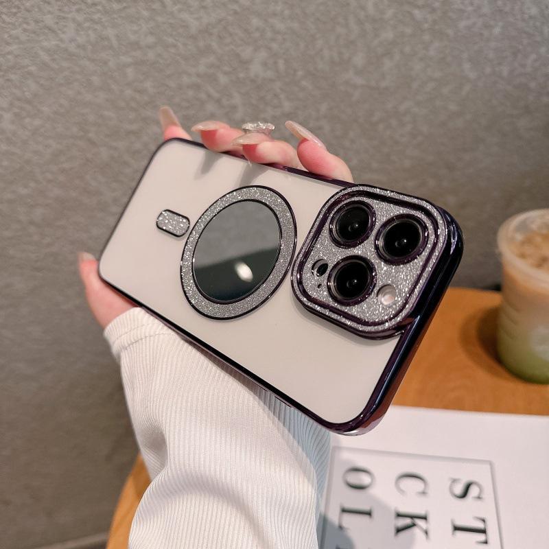 New Apple 16 mobile phone case iPhone15promax electroplated flash diamond lens 14 mirror glitter magnetic suction soft cover