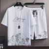 Conjunto masculino de camiseta e shorts slim fit com estampa de montanha nevada para o verão - Tendência da moda coreana