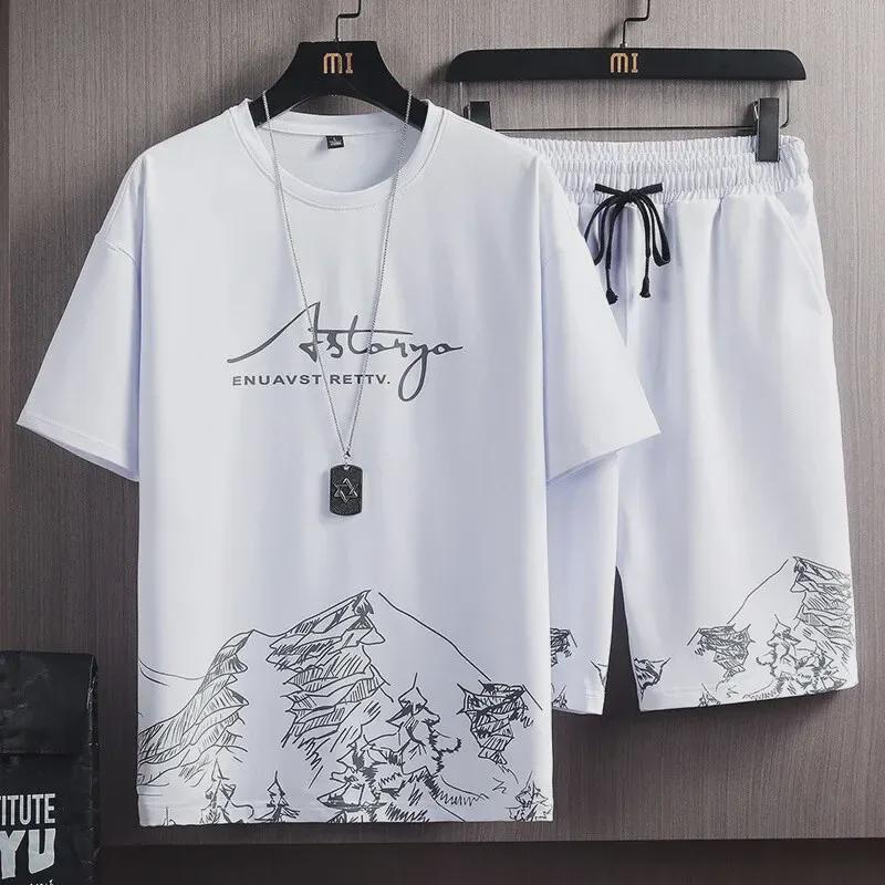 Conjunto masculino de camiseta e shorts slim fit com estampa de montanha nevada para o verão - Tendência da moda coreana