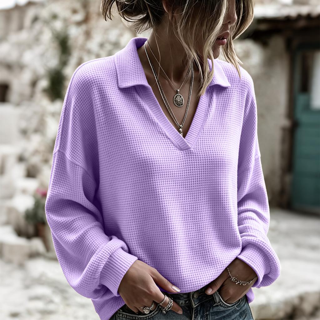 Women's Casual V-Neck Long Sleeve Loose Fit Pullover Top for Everyday Wear