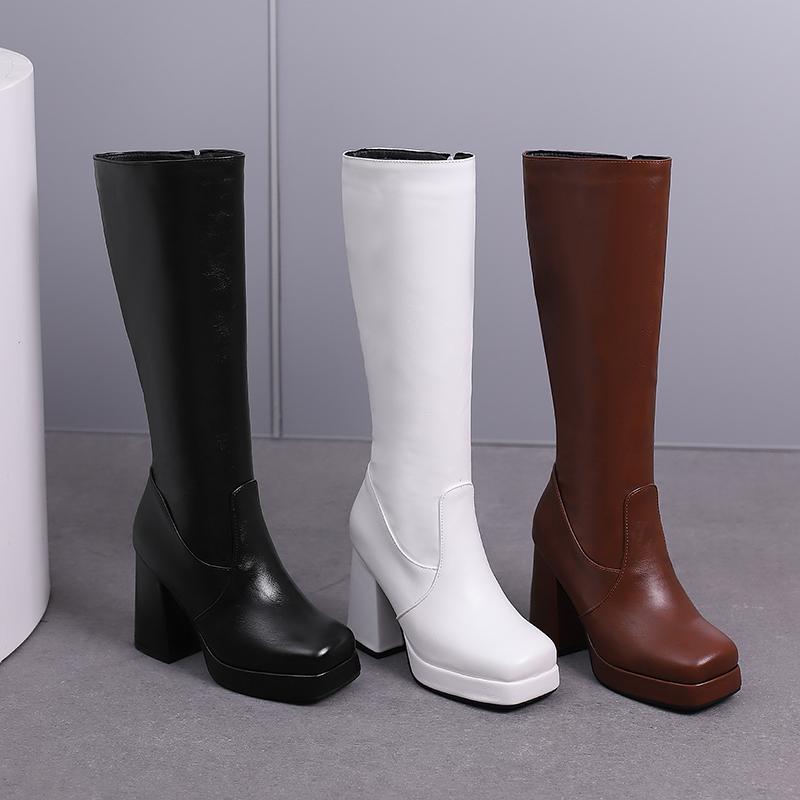 Nadměrná velikost Čtvercová špička Platforma Super vysoký Silný podpatek Rytířské kozačky s bočním zipem Krátká plyšová podšívka Dámské kozačky ke kolenům