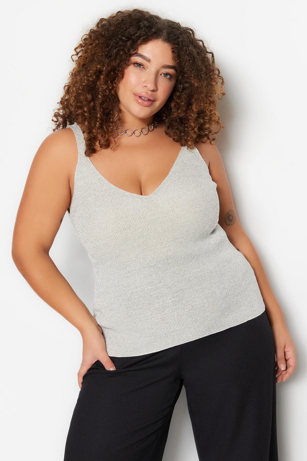 

Women s Style Plus Size Gray Strappy Fine Knitted Glitter Blouse 2XL