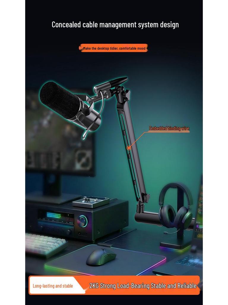 Professional Desktop Boom Arm Mic Stand with Condenser Mic Clip and Phone Holder