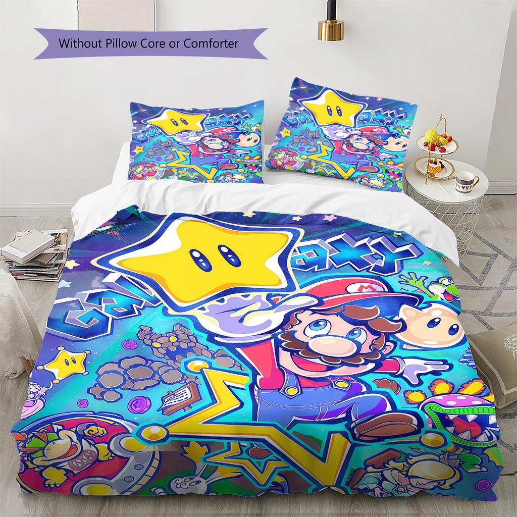 Super Mario All-Star Full Print Bedding Set, 1 Duvet Cover & 2 Pillowcases, Cozy Home Use, Great Gift for Game Fans