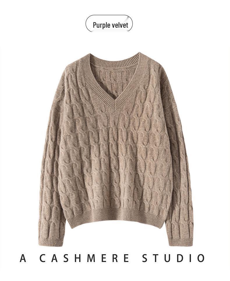 Women's V-Neck Loose Cable Knit Wool Sweater - Winter 2024 Casual Pullover Knitwear