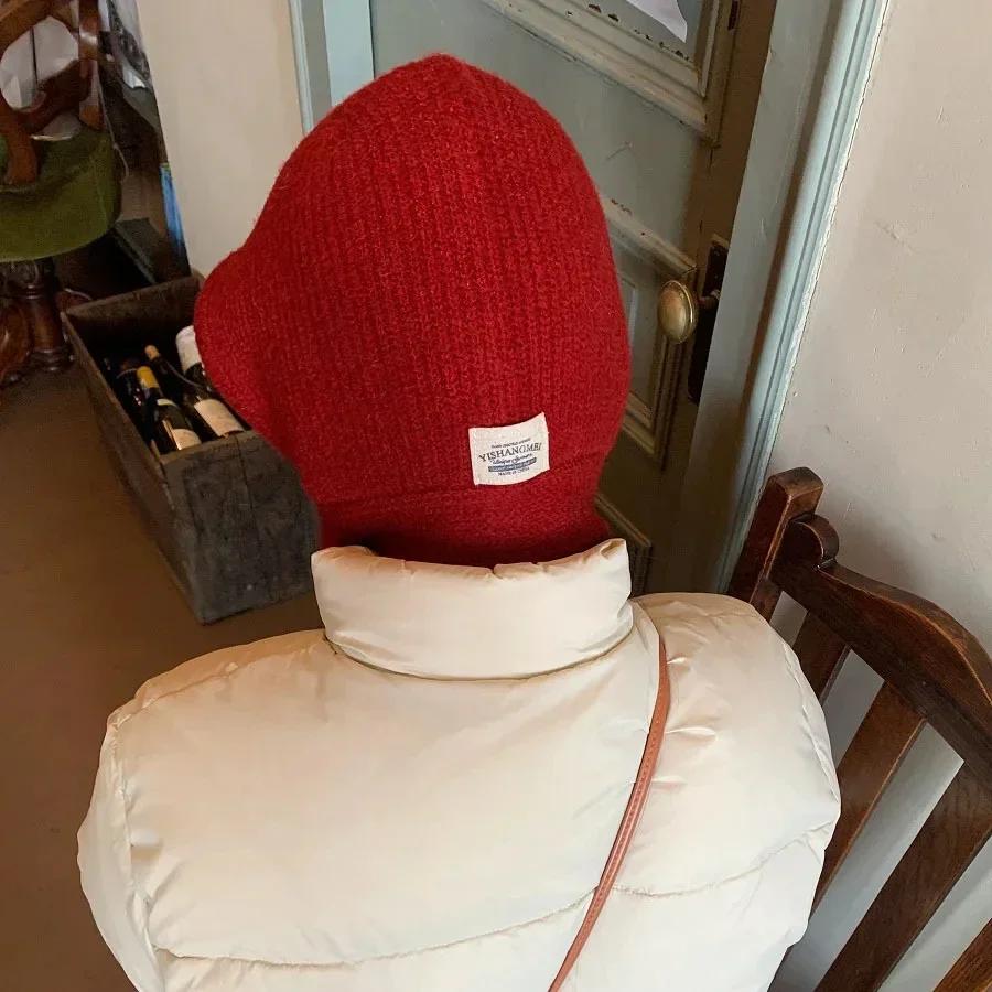 Korea Cute Women's Knitted Hood Scarf Little Red Hat Warm Ear Protection Cold Windproof Cap Winter Fashion Woolen Pullover Hat