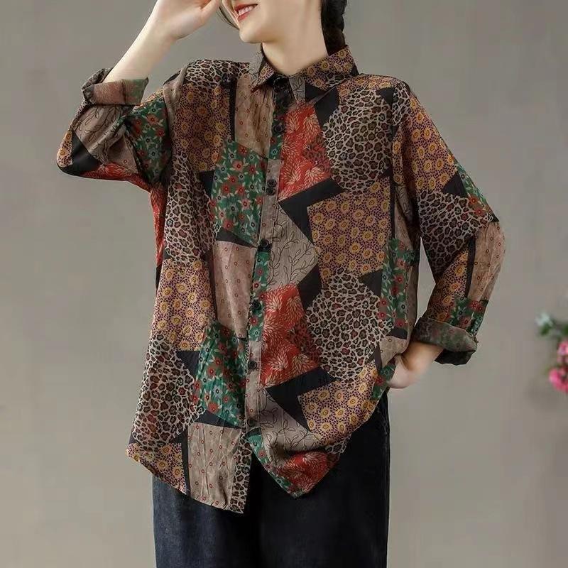 Non-real shot, retro printed shirt women's cotton and linen literary loose casual long-sleeved top 1116 spring and summer new models
