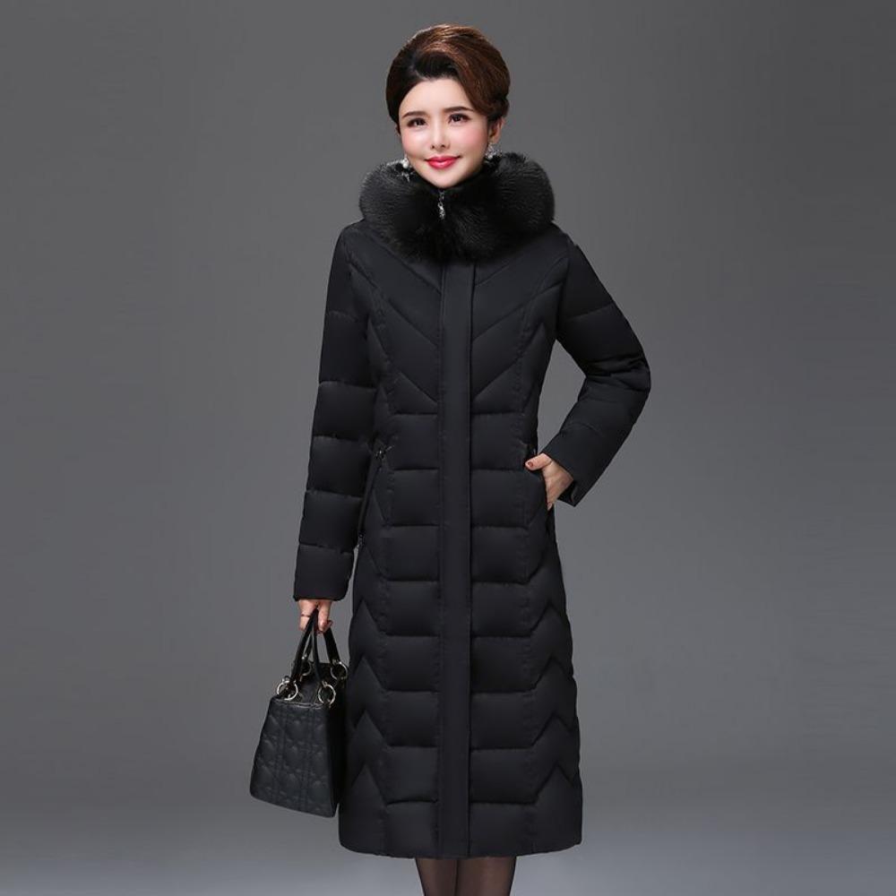 Vinter medellång dunjacka över knäet, plusstorlek, förtjockad kappa för medelålders och äldre mödrar