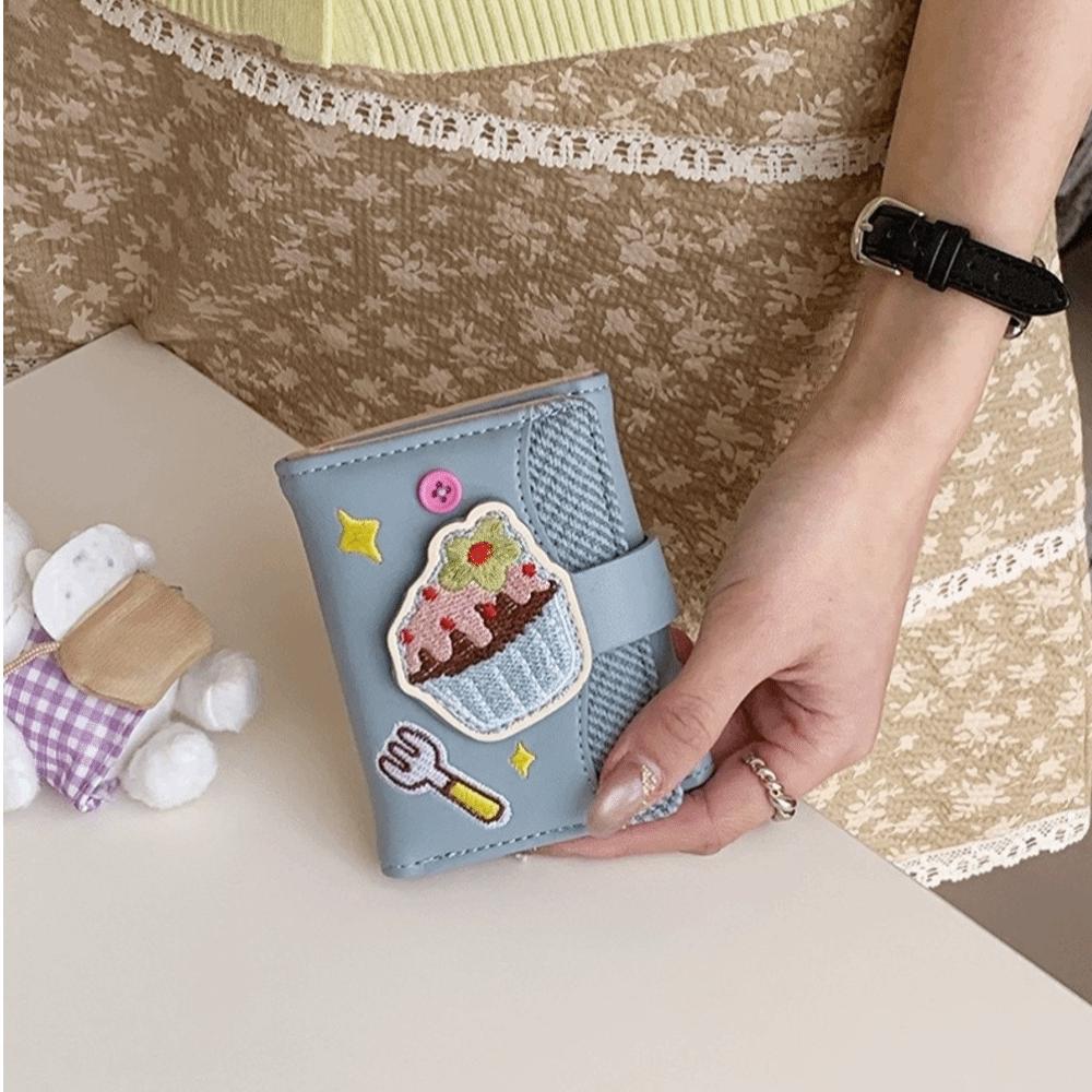 Cute Cartoon Cupcake Short Wallet Multi-card Slot Embroidery Coin Purses Leather Money Bag Women