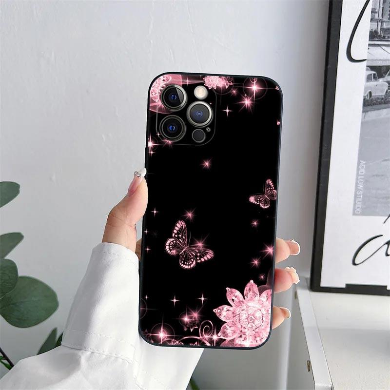 Beauty Pink Butterfly Phone Case for iPhone 11 15 Pro Max Case Coque 14 Plus 13 Pro 12 Mini 11 X S XR 7 8 SE 2020 TPU Soft Cover