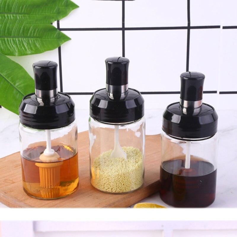 

3 шт. 250 мл кухонная стеклянная бутылка для приправ, кисть для масла, ложка, чехол, интегрированный дизайнерский влагостойкий герметичный набор для приправ
