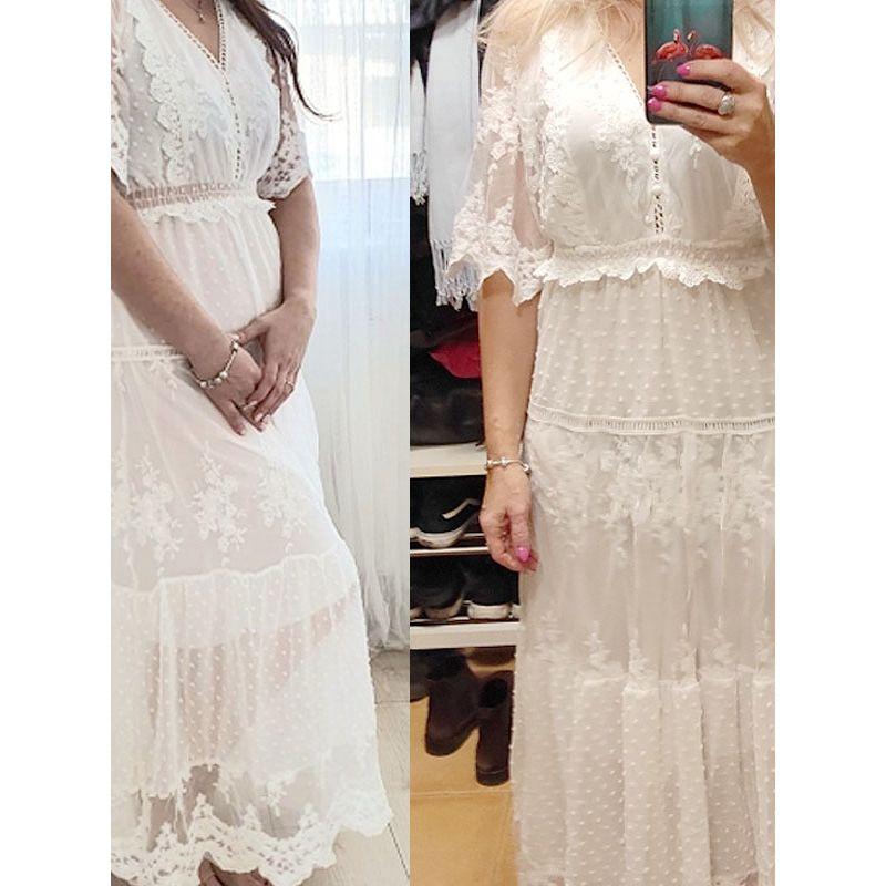Cross Semi-Sheer Plunge V-Neck Short Sleeve Lace Maxi Dress