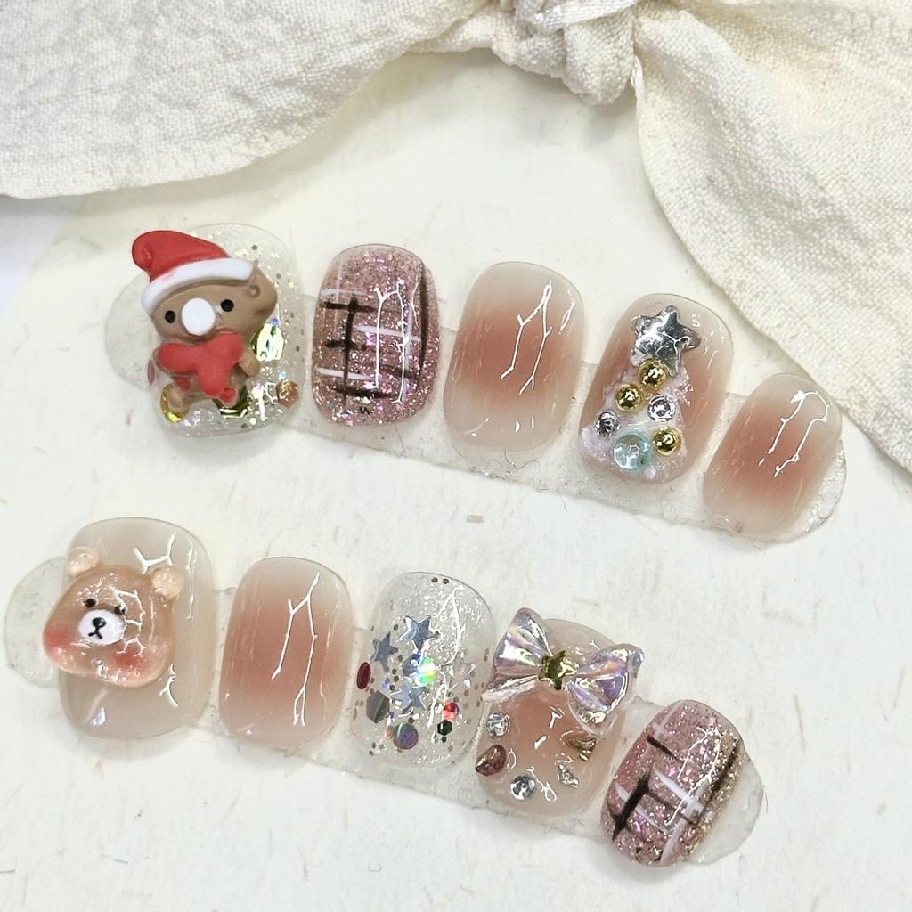 Sticker Christmas Nail Short Round Santa Bear Christmas Tree Powder Bow Blusher