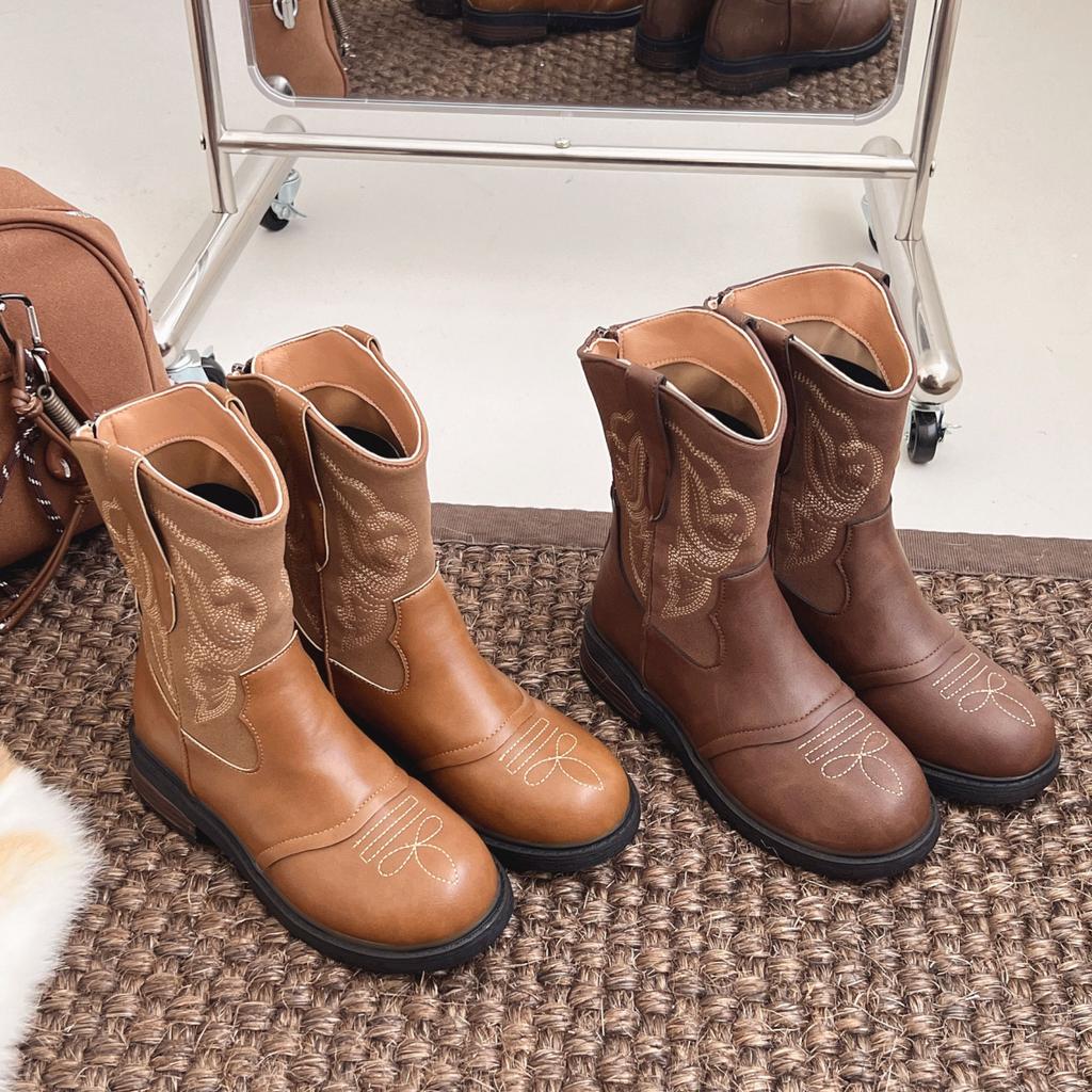 Vintage Western Cowboy Boots Women's Fall 2025 New Coarse Heel Embroidered Maillard Short Boots Martin Boots